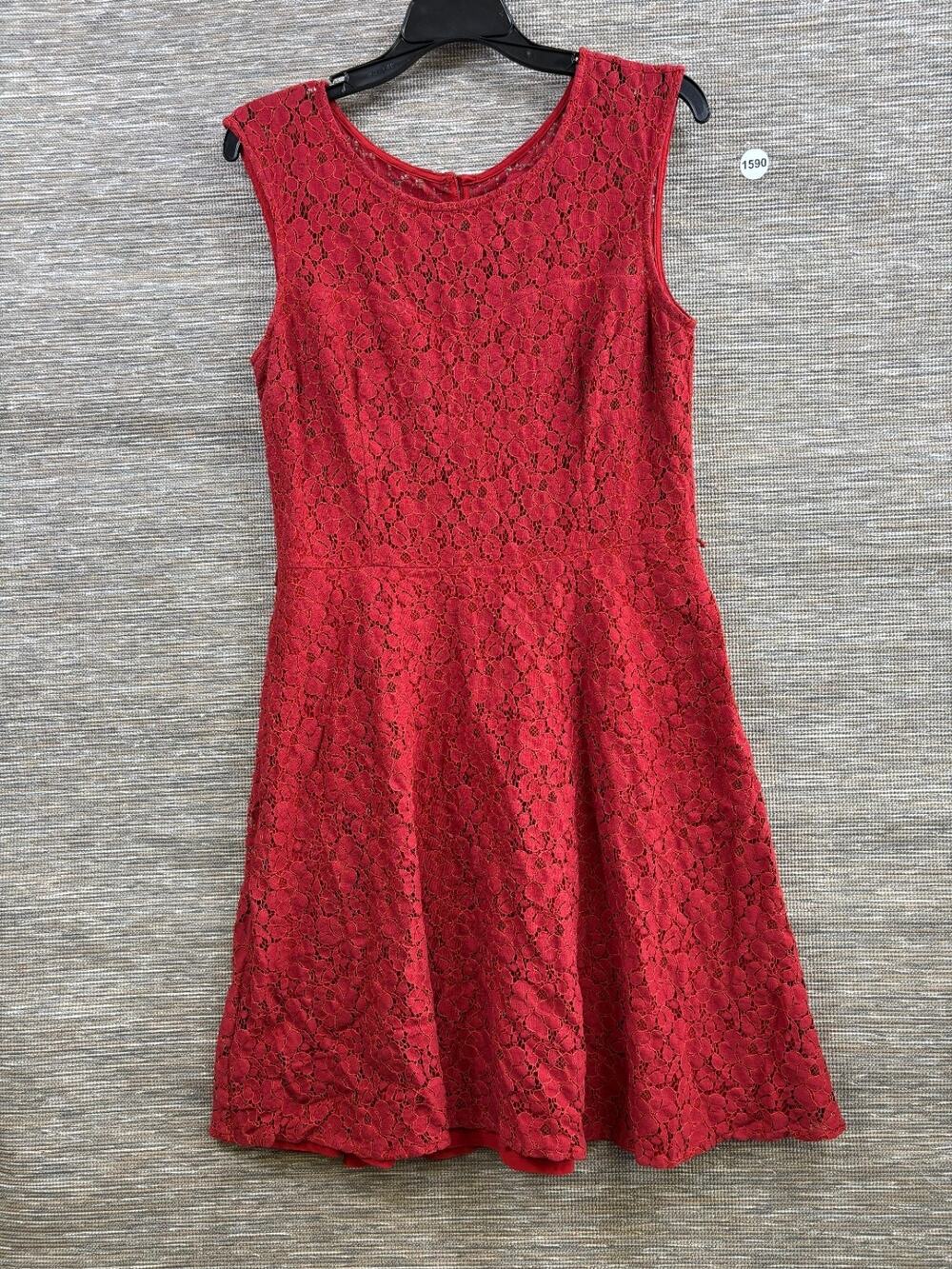 White House Black Market Lace Overlay Fit and Flare Dress Womens Size 12 Red